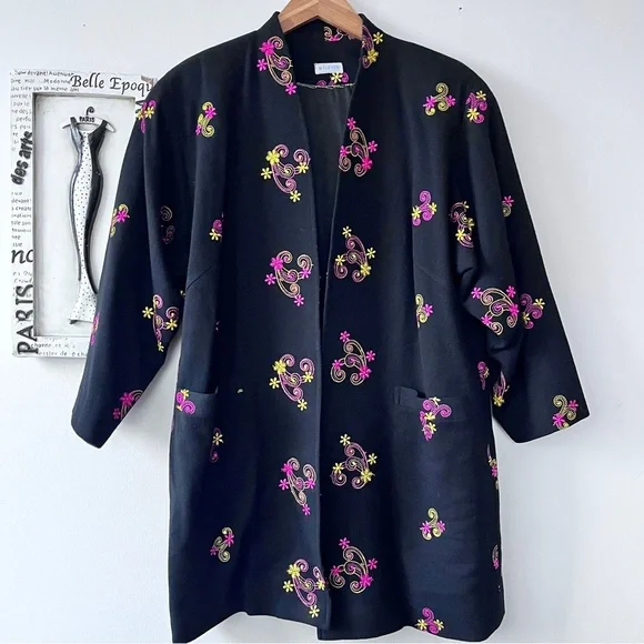 Vintage Black Japanese Haori Pink And Yellow Floral Embroidered Boho Duster - Picture 2 of 12